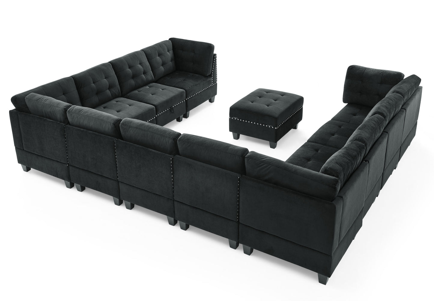 u shape modular sectional sofa with ottoman, black velvet