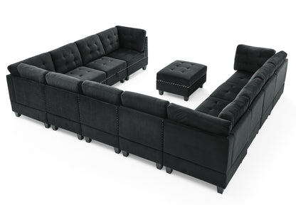 U shape Modular Sectional Sofa with Ottoman, Black Velvet