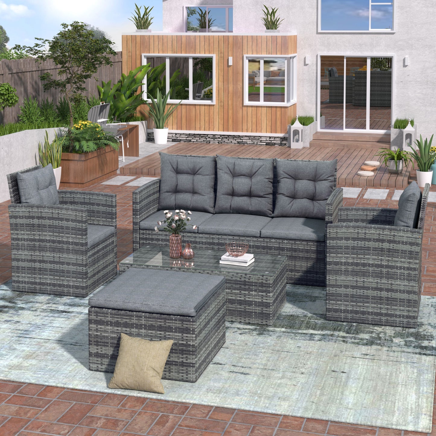 5-piece outdoor uv-resistant patio sofa set with storage bench