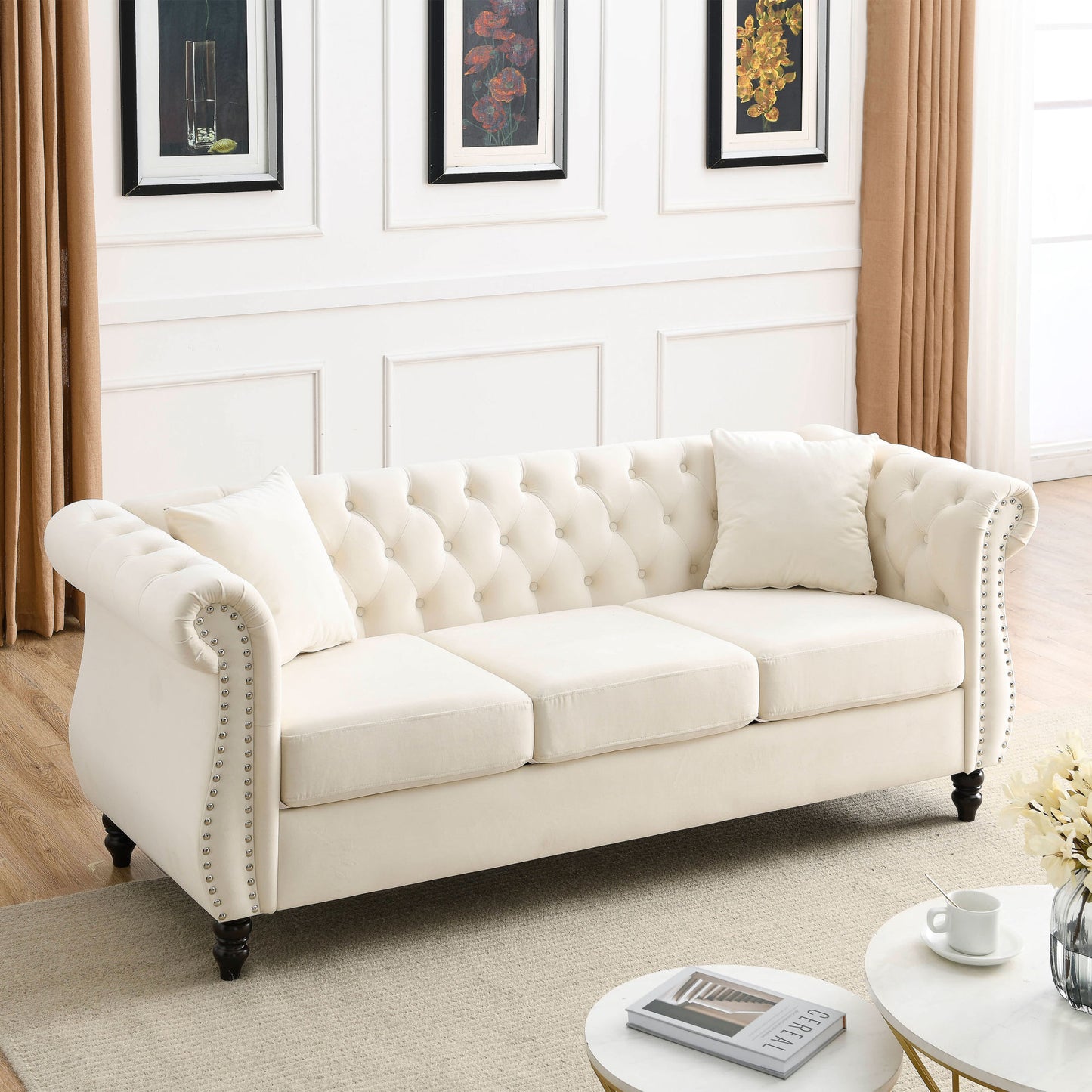 3-seater + 3-seater combination sofa, beige velvet