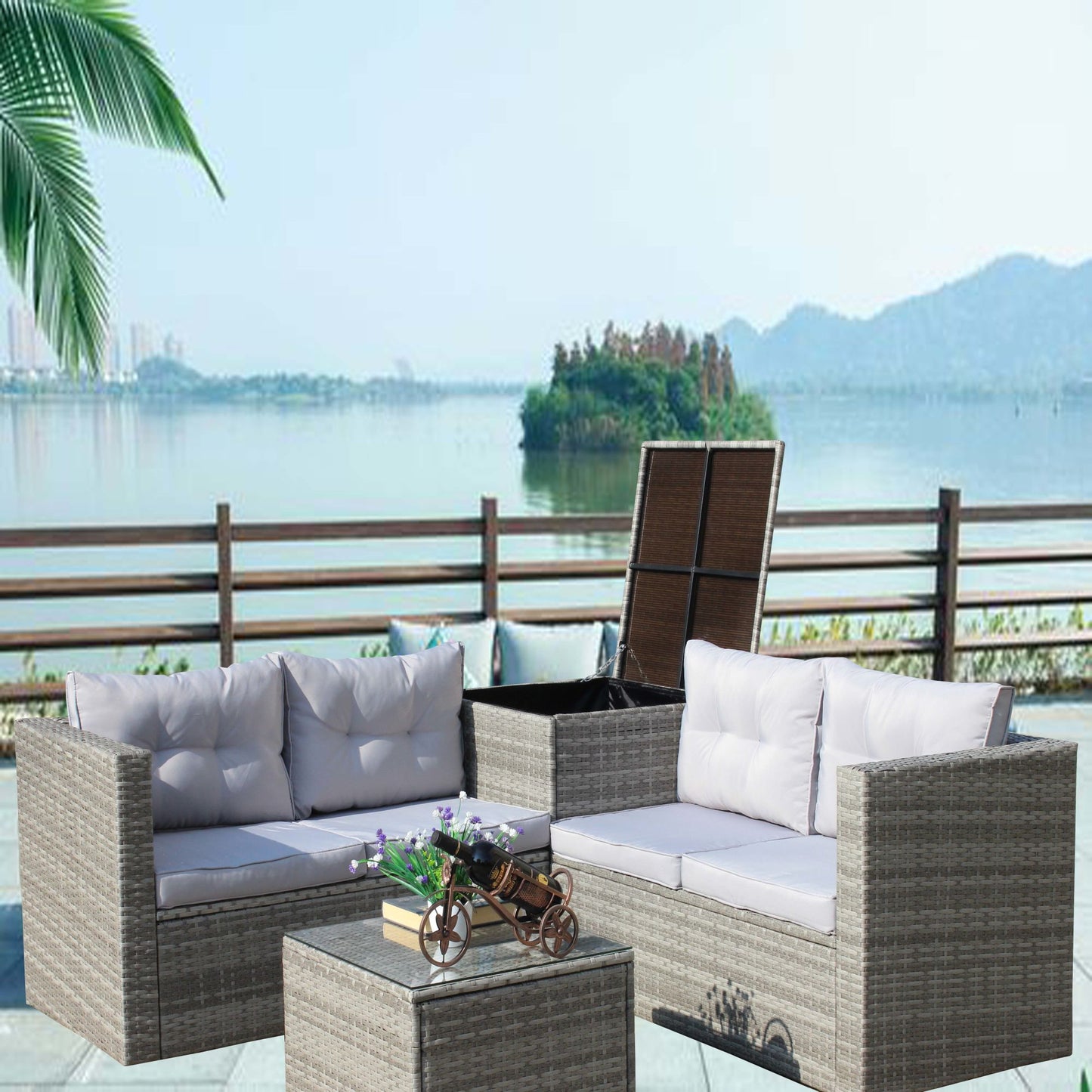 4 piece patio sectional wicker rattan outdoor furniture sofa set with storage box grey