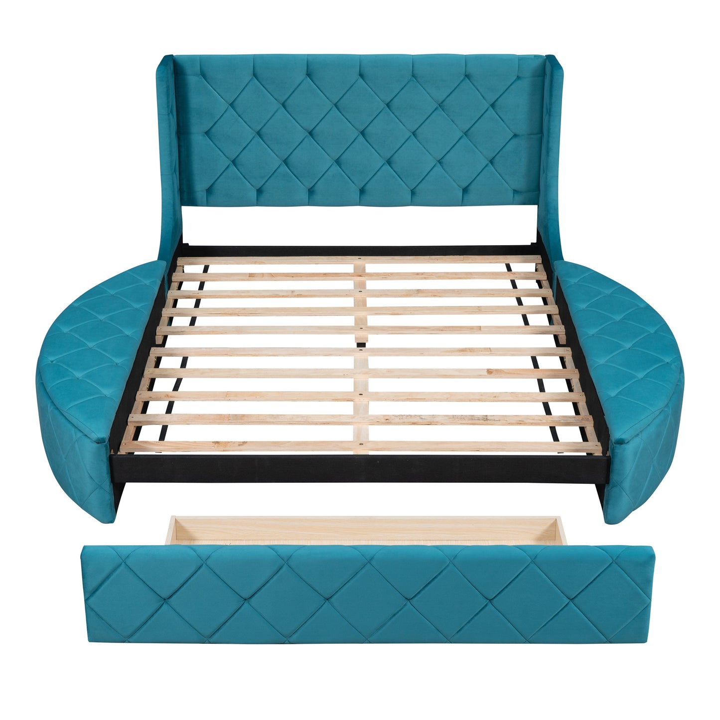 upholstered velvet platform bed with wingback headboard and 1 big drawer; 2 side storage stool