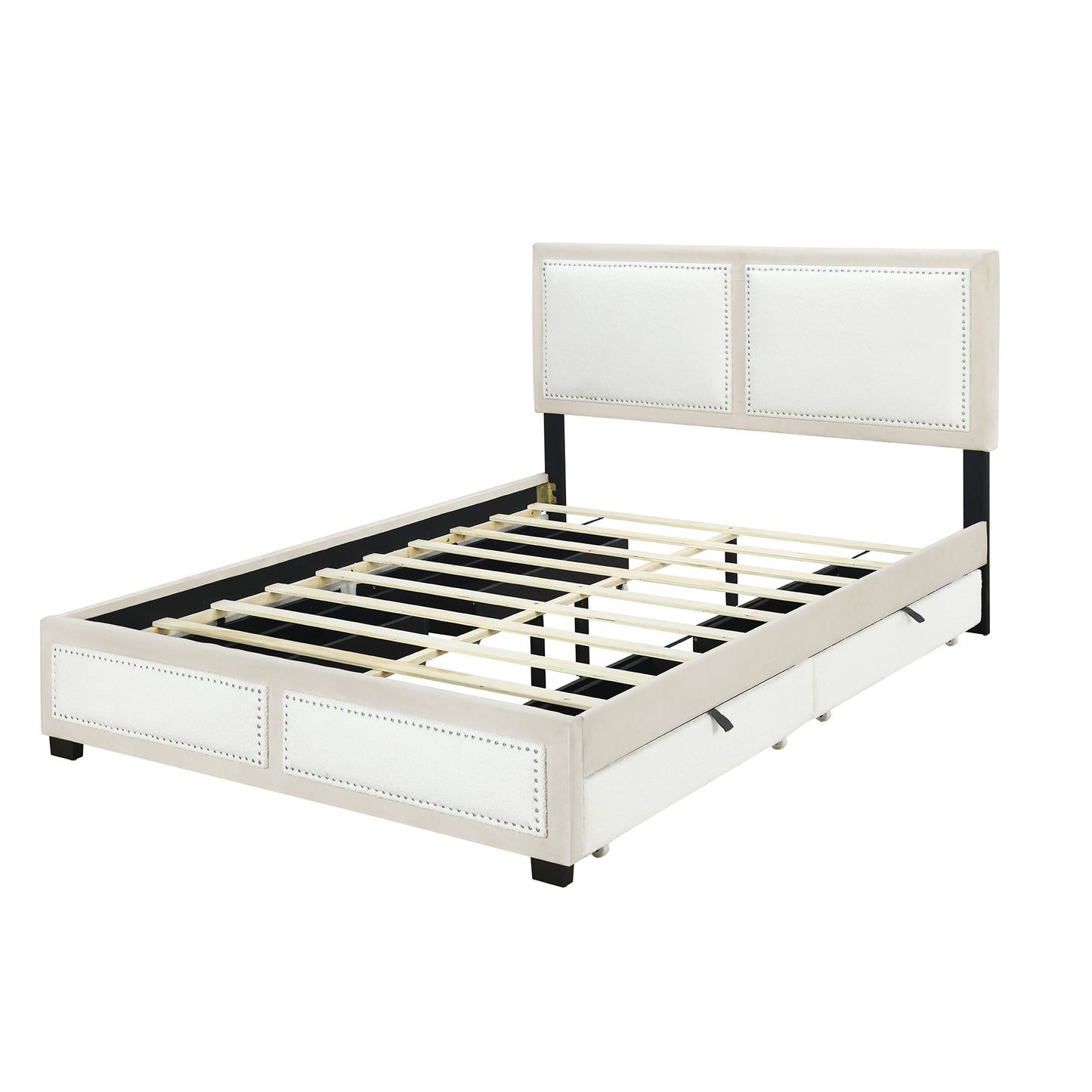 teddy upholstered platform bed with large rivet-decorated backrests and 4 drawers, velvet beige+white