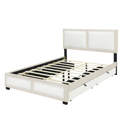 Teddy Upholstered Platform Bed with Large Rivet-decorated Backrests and 4 Drawers, Velvet Beige+White