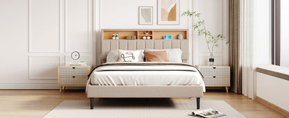Upholstered Platform Bed with Storage Headboard and USB Port