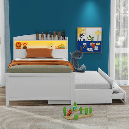 Platform Bed with Storage LED Headboard, Twin Size Trundle and 3 Drawers, White