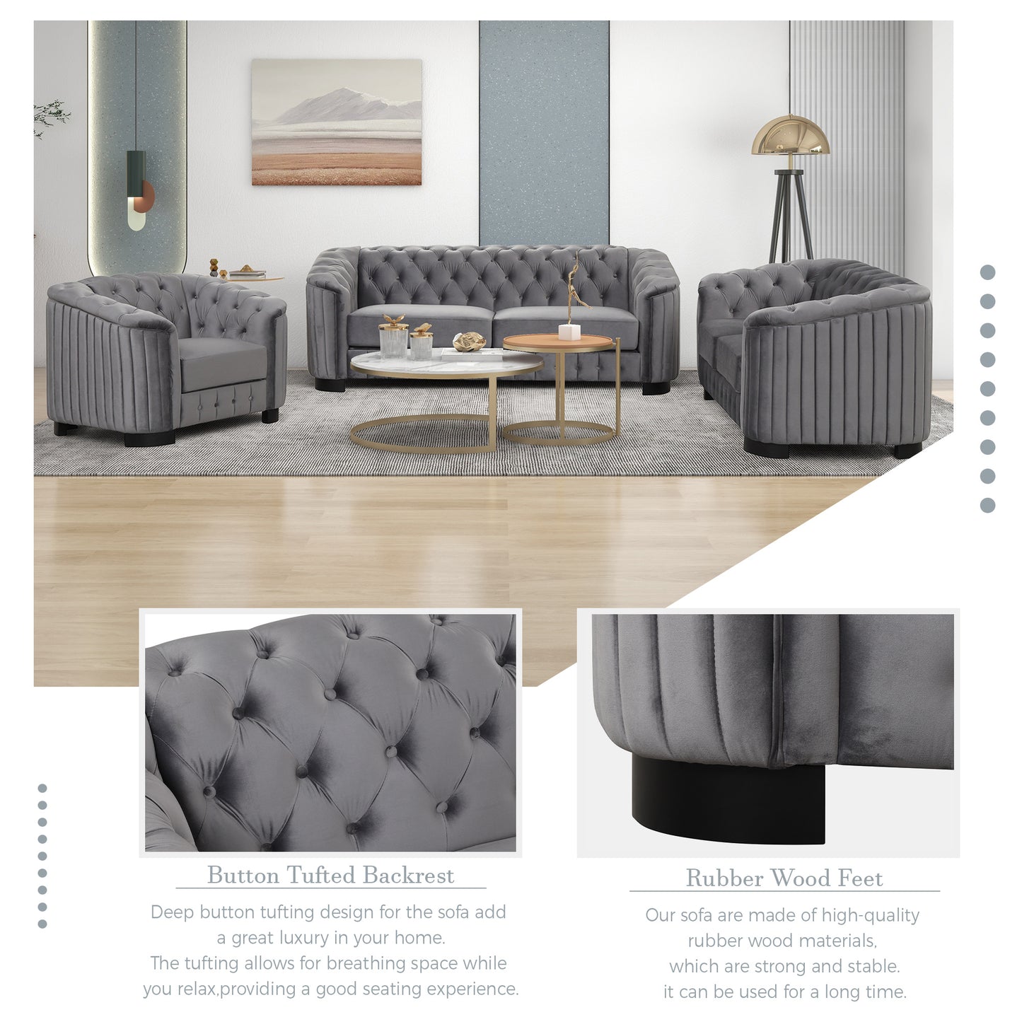 velvet upholstered sofa, grey