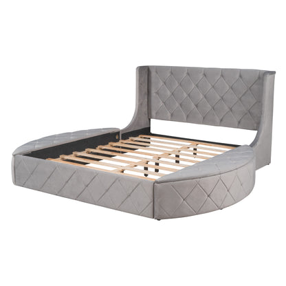 Upholstered Velvet Platform Bed with Wingback Headboard and 1 Big Drawer; 2 Side Storage Stool