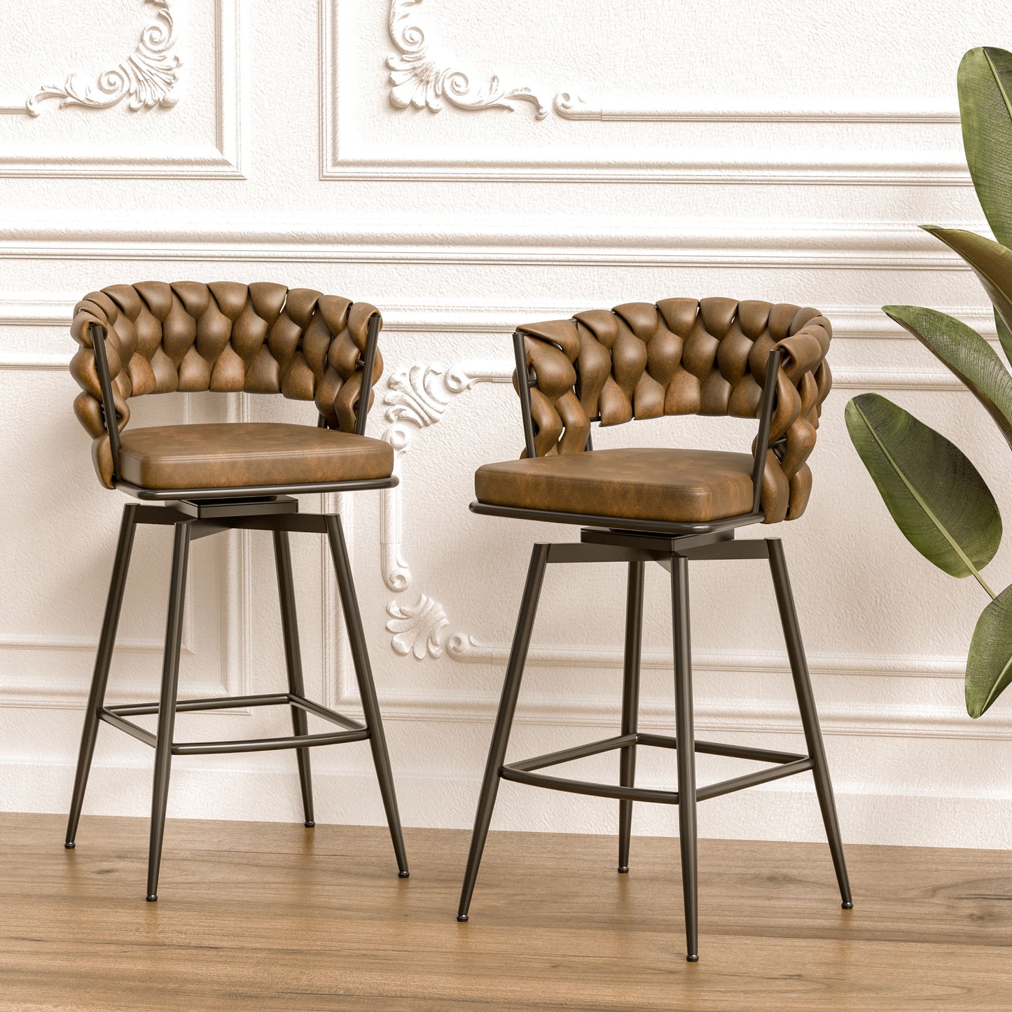 technical leather woven bar stool set of 4, brown