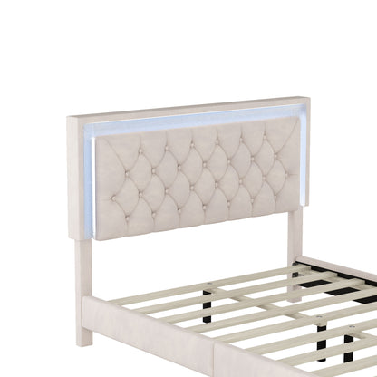 Upholstered Bed Frame with LED Lights, Beige