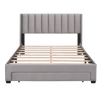 Velvet Upholstered Platform Bed with a Big Drawer