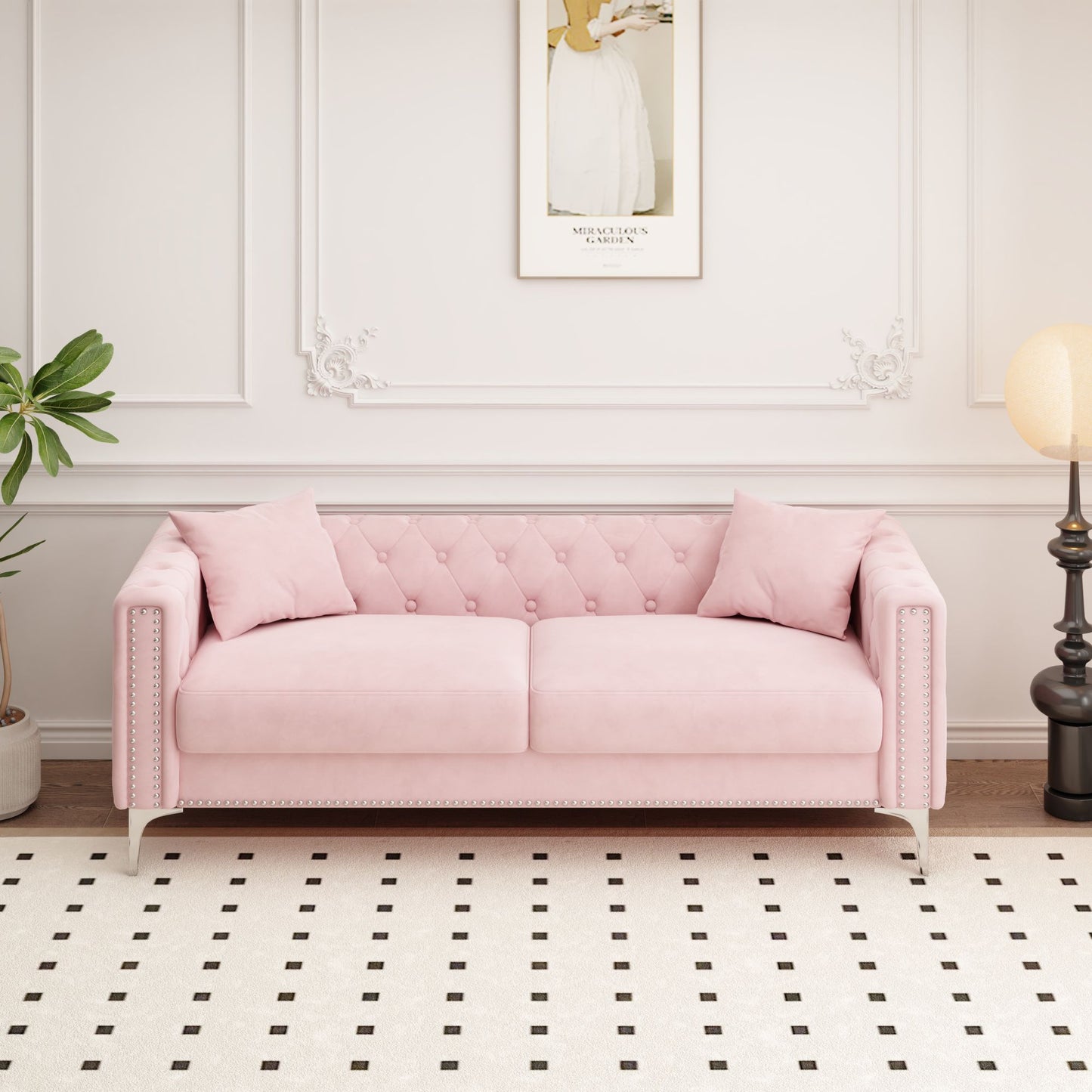 morgan sofa includes 2 pillows, pink velvet