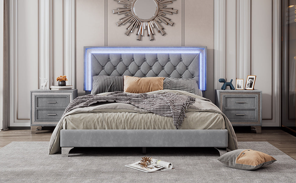 3-pieces upholstered platform bed with led lights and two nightstands-gray