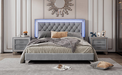 3-Pieces Upholstered Platform Bed with LED Lights and Two Nightstands-Gray