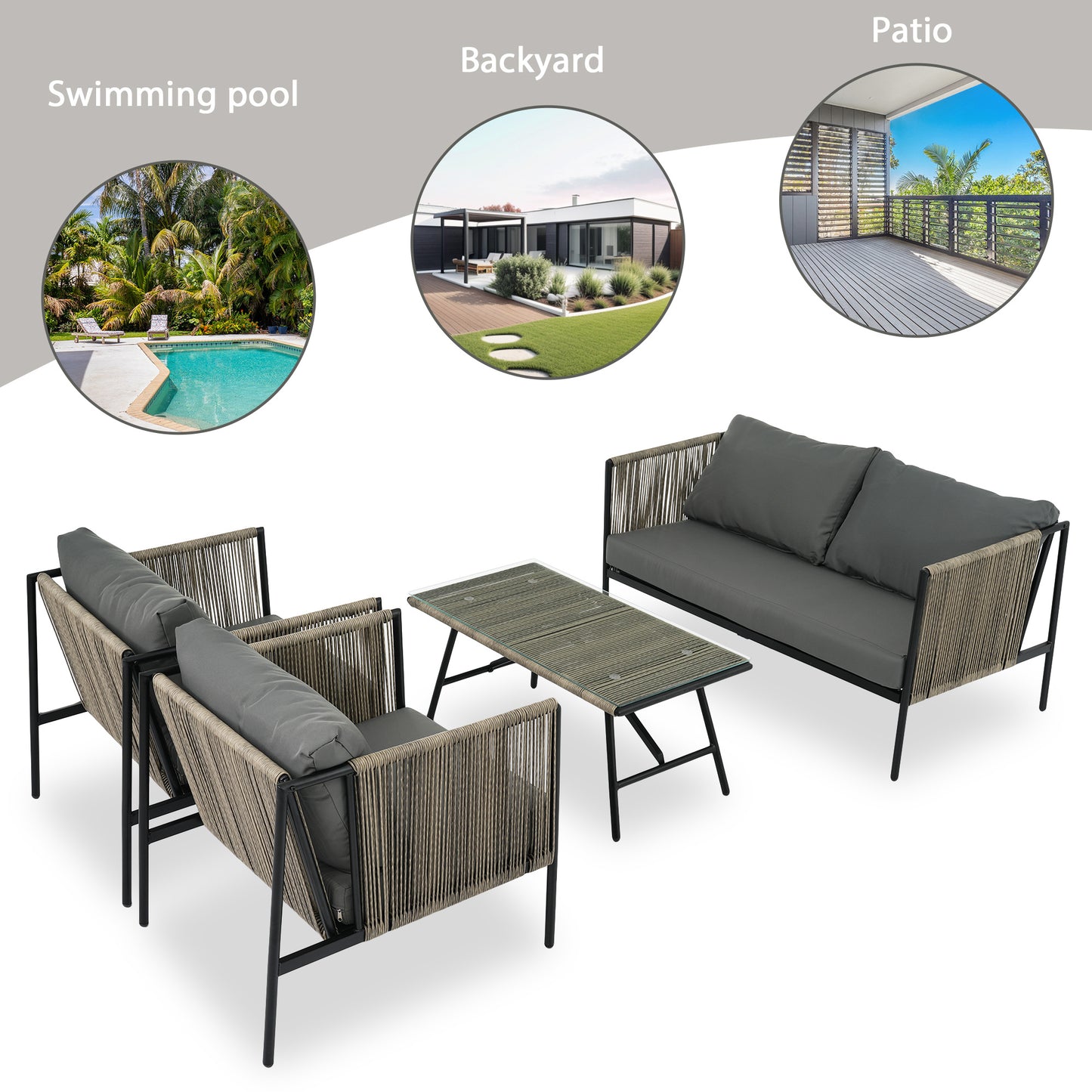 go 4-piece rope sofa set with thick cushions, gray