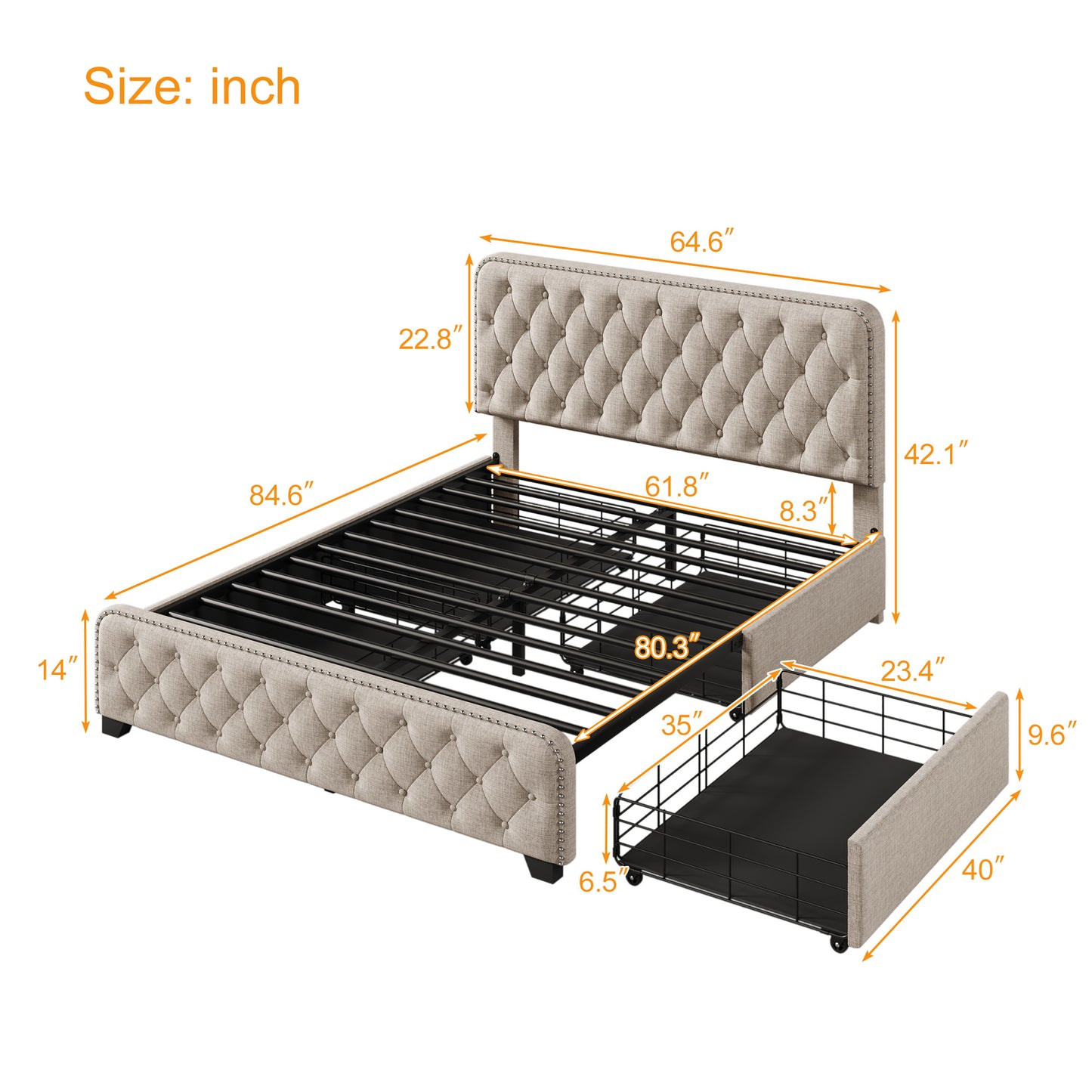 upholstered platform bed frame with four drawers, beige