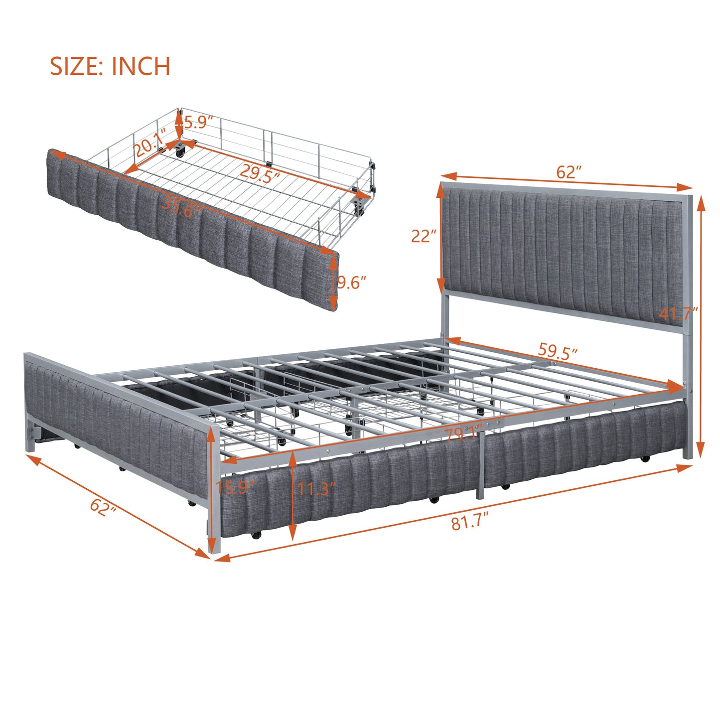queen size metal frame upholstered bed with 4 drawers, linen fabric, gray