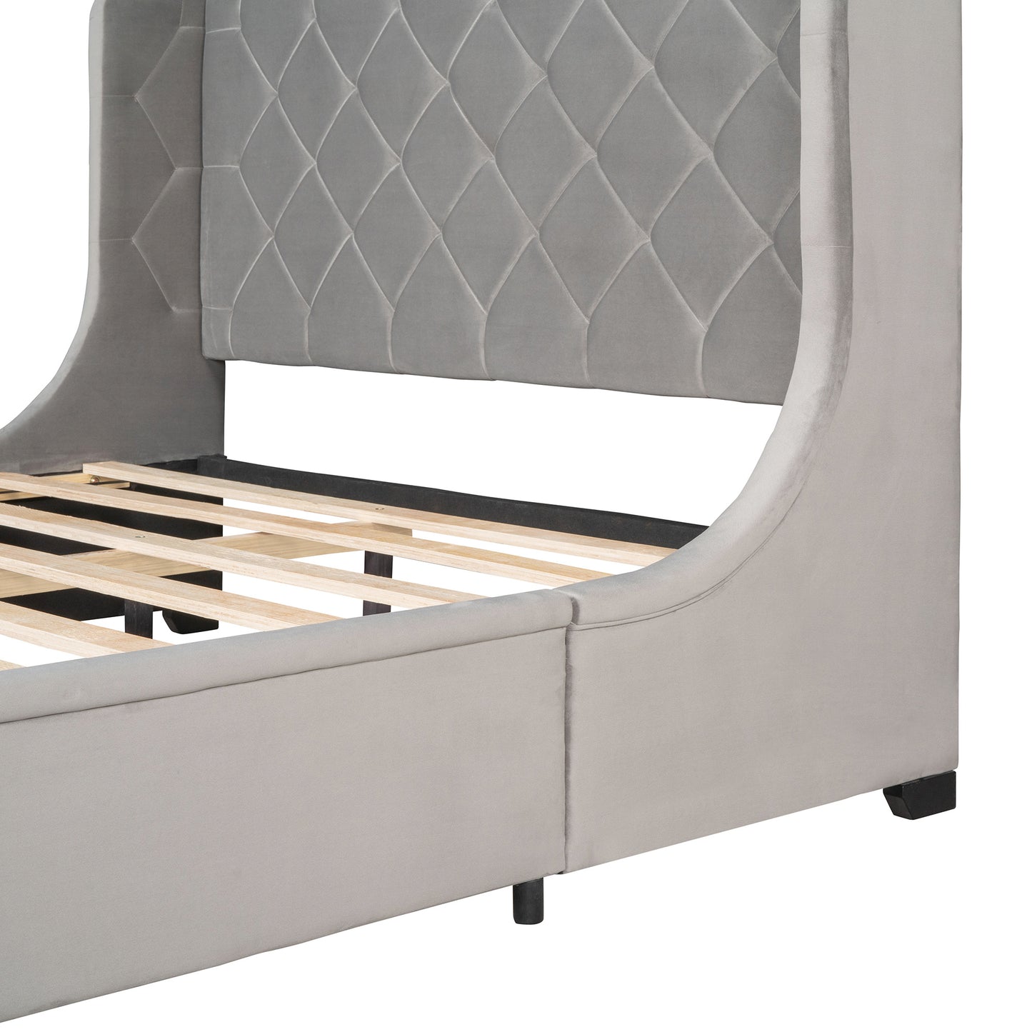 modern velvet upholstered platform bed with wingback headboard and a big drawer