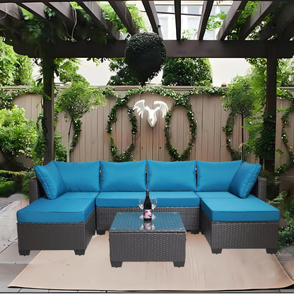 7-Piece PE Rattan Wicker Cushioned Sofa Sets and Coffee Table