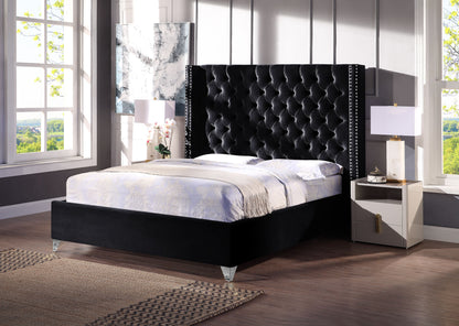 Velvet Upholstered Bed with Deep Button Tufting, Black