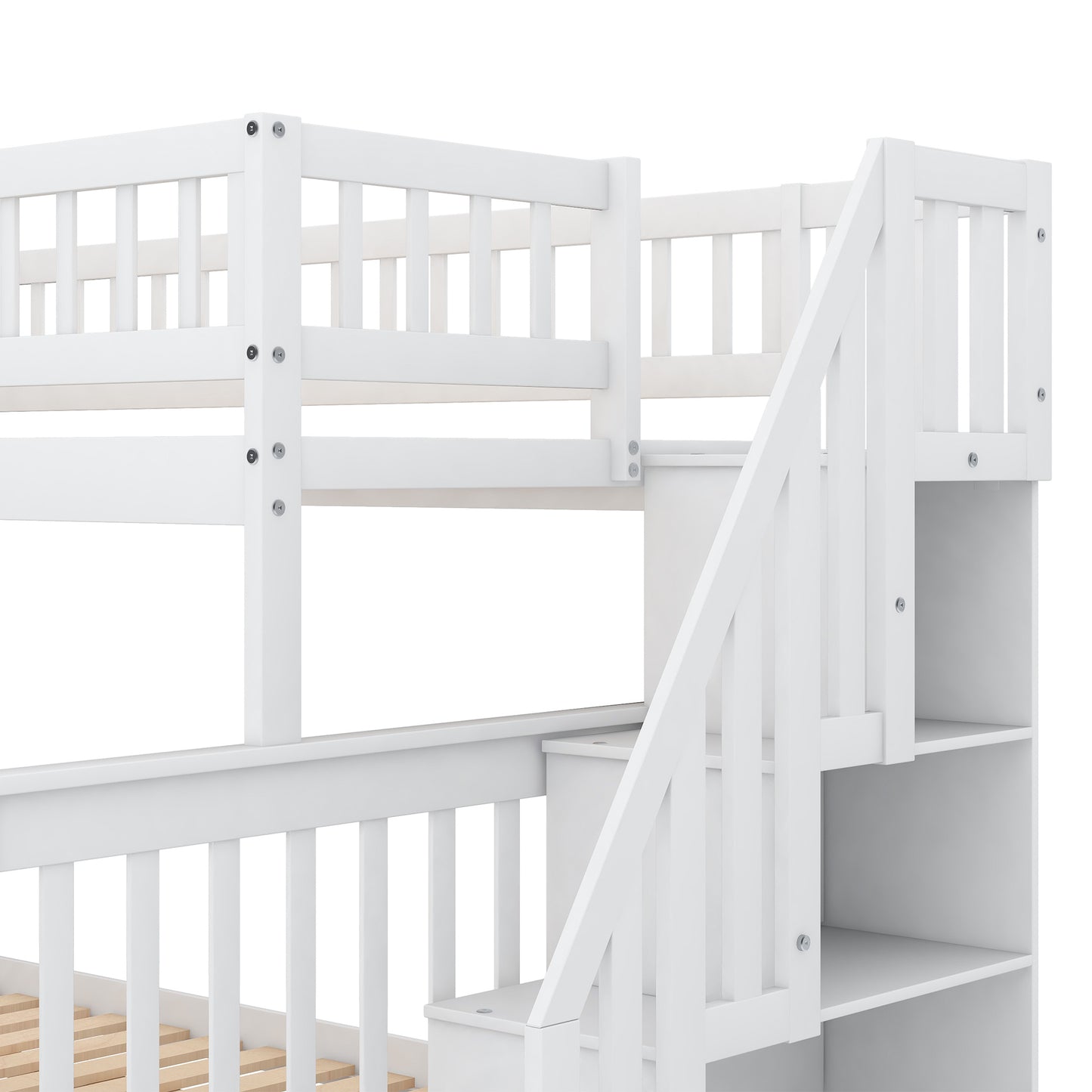 twin over full bunk bed with trundle and staircase,white