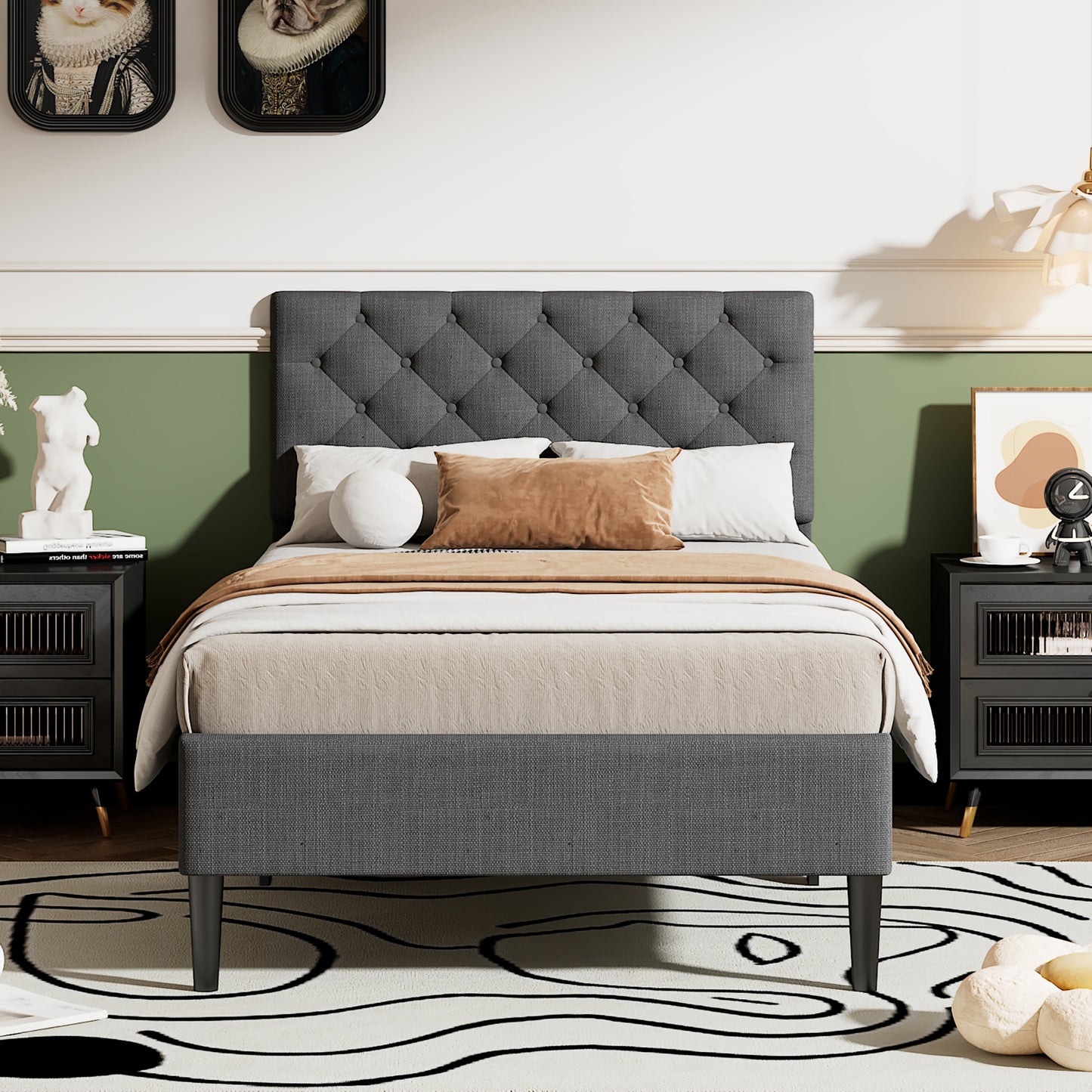 linen upholstered platform bed