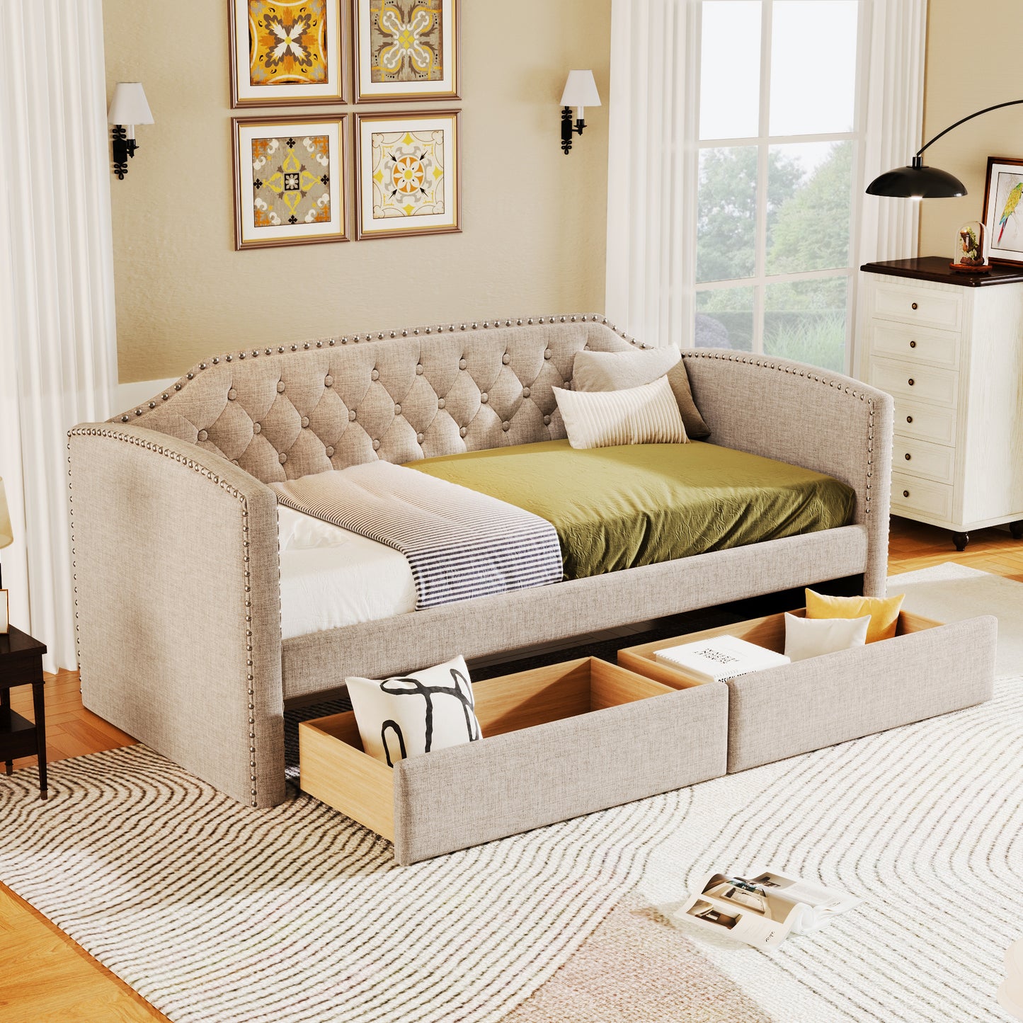 kim upholstered bed with drawers, beige
