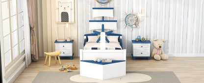 3-Pieces Boat-Shaped Platform Bed with Trundle and Two Nightstands, White+Blue