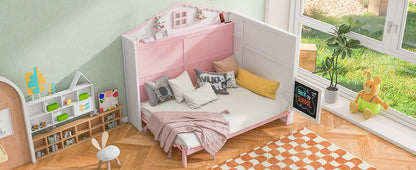 House Murphy Bed with USB, Storage Shelves and Blackboard, Pink+White