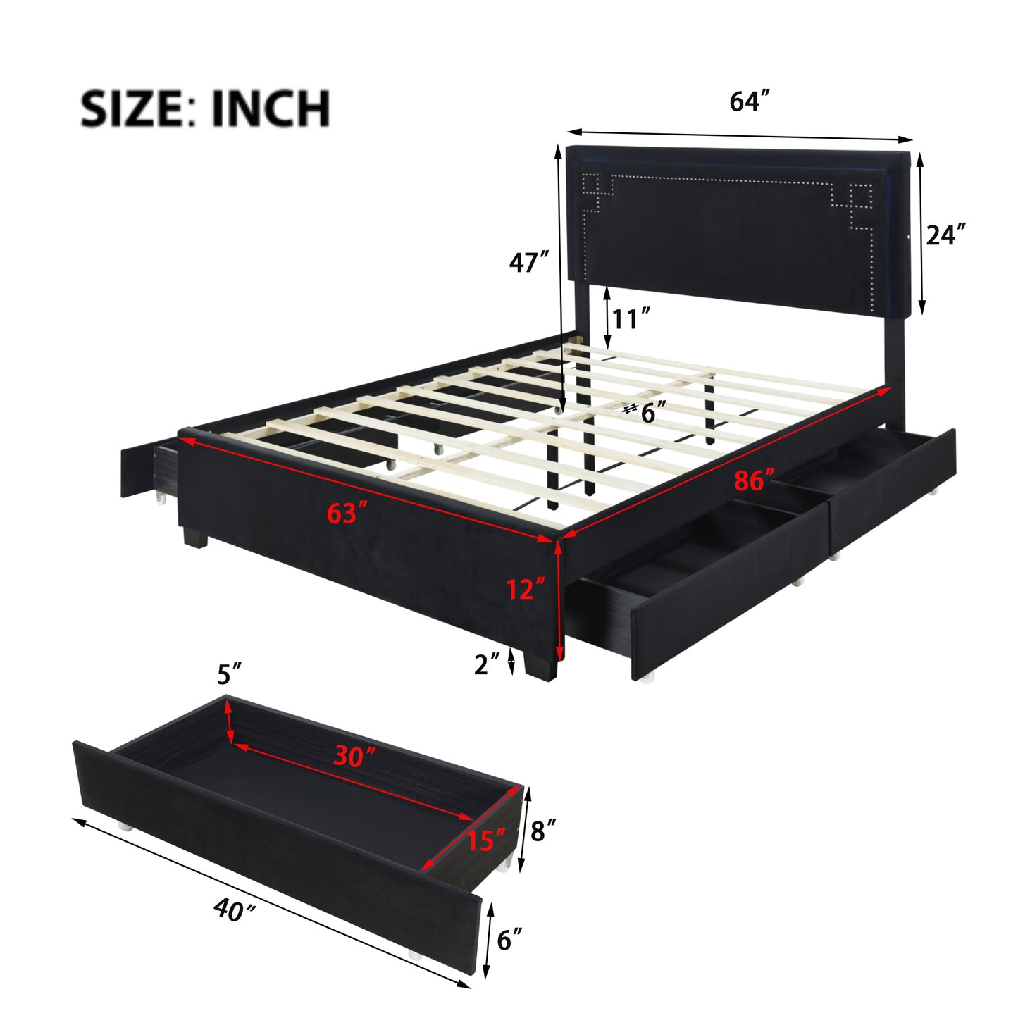 upholstered platform bed with rivet-decorated headboard, led bed frame and 4 drawers, black