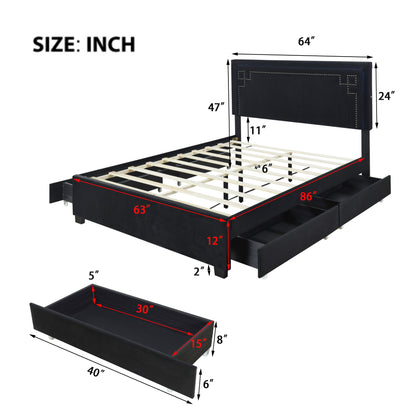 Upholstered Platform Bed with Rivet-decorated Headboard, LED bed frame and 4 Drawers, Black