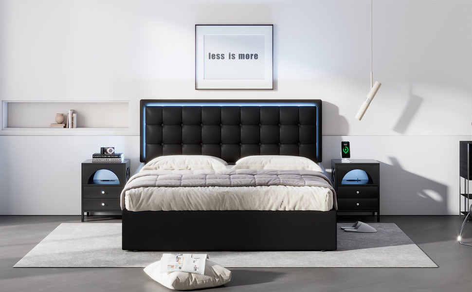 tufted upholstered platform bed with hydraulic storage system & pu storage bed with led lights