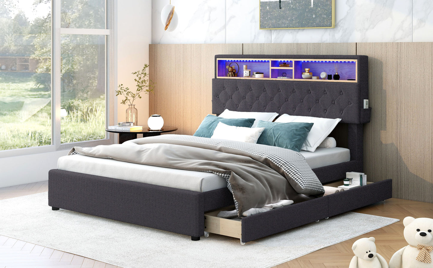 full size upholstered bed with storage headboard, led, usb charging and 2 drawers, dark gray