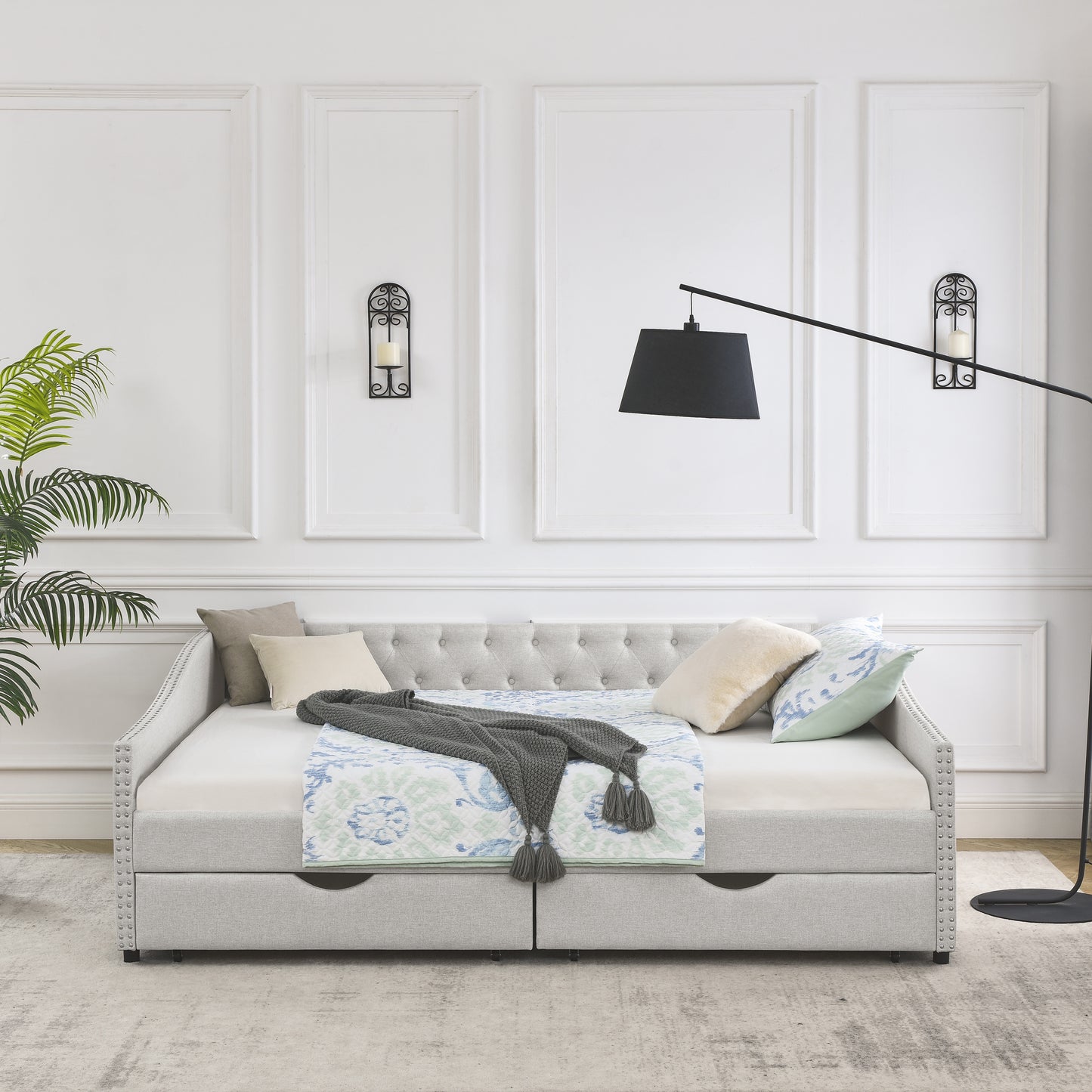 upholstered tufted daybed sofa bed  with drawers, beige
