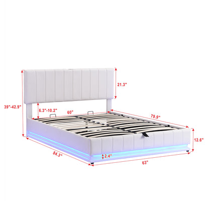 Upholstered Bed with Hydraulic Storage System and LED Light, Sockets, and USB Ports, White