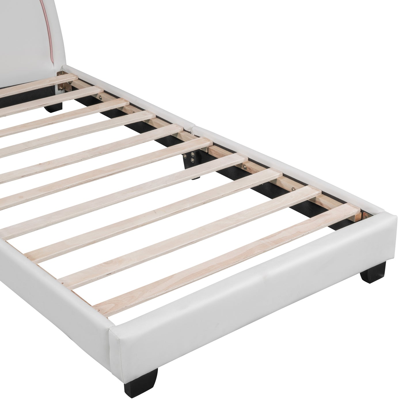 twin size upholstered leather platform bed with rabbit ornament, white