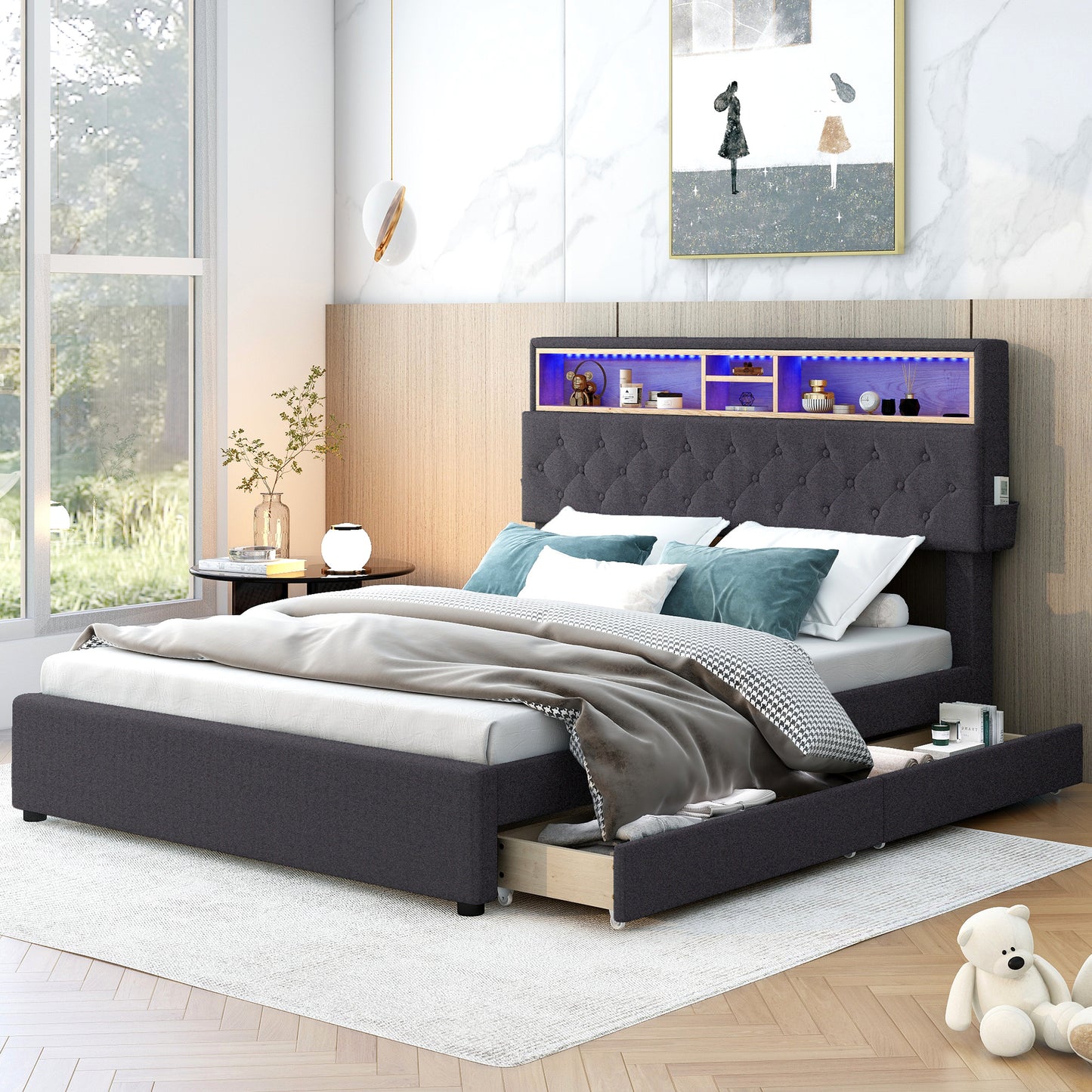 upholstered bed with storage headboard, led, usb charging and 2 drawers