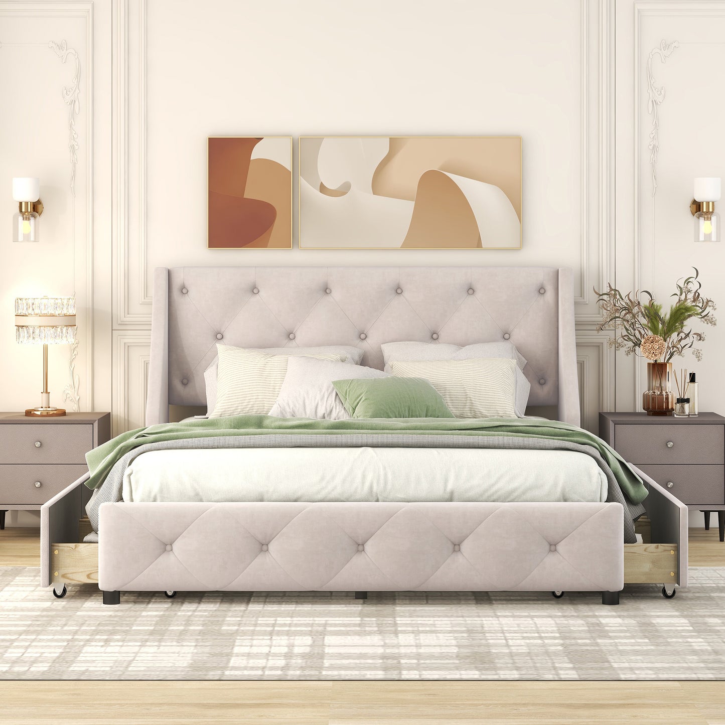 upholstered platform bed with wingback tufted headboard and 4 drawers, beige