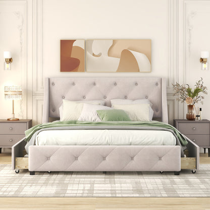 Upholstered Platform Bed with Wingback Tufted Headboard and 4 Drawers, Beige