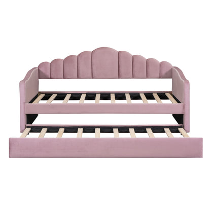Upholstered Daybed with Trundle & USB Charging Ports, Pink