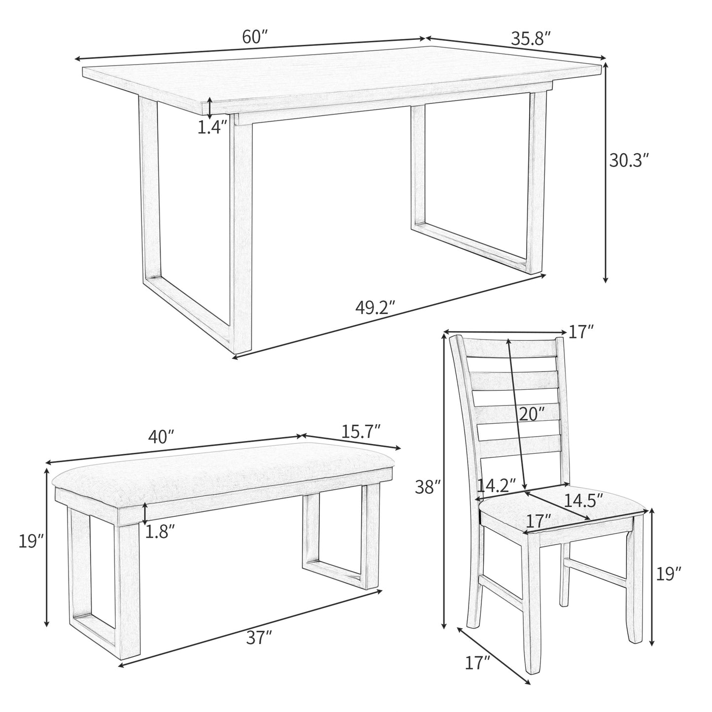 6-pieces solid wood dining table set