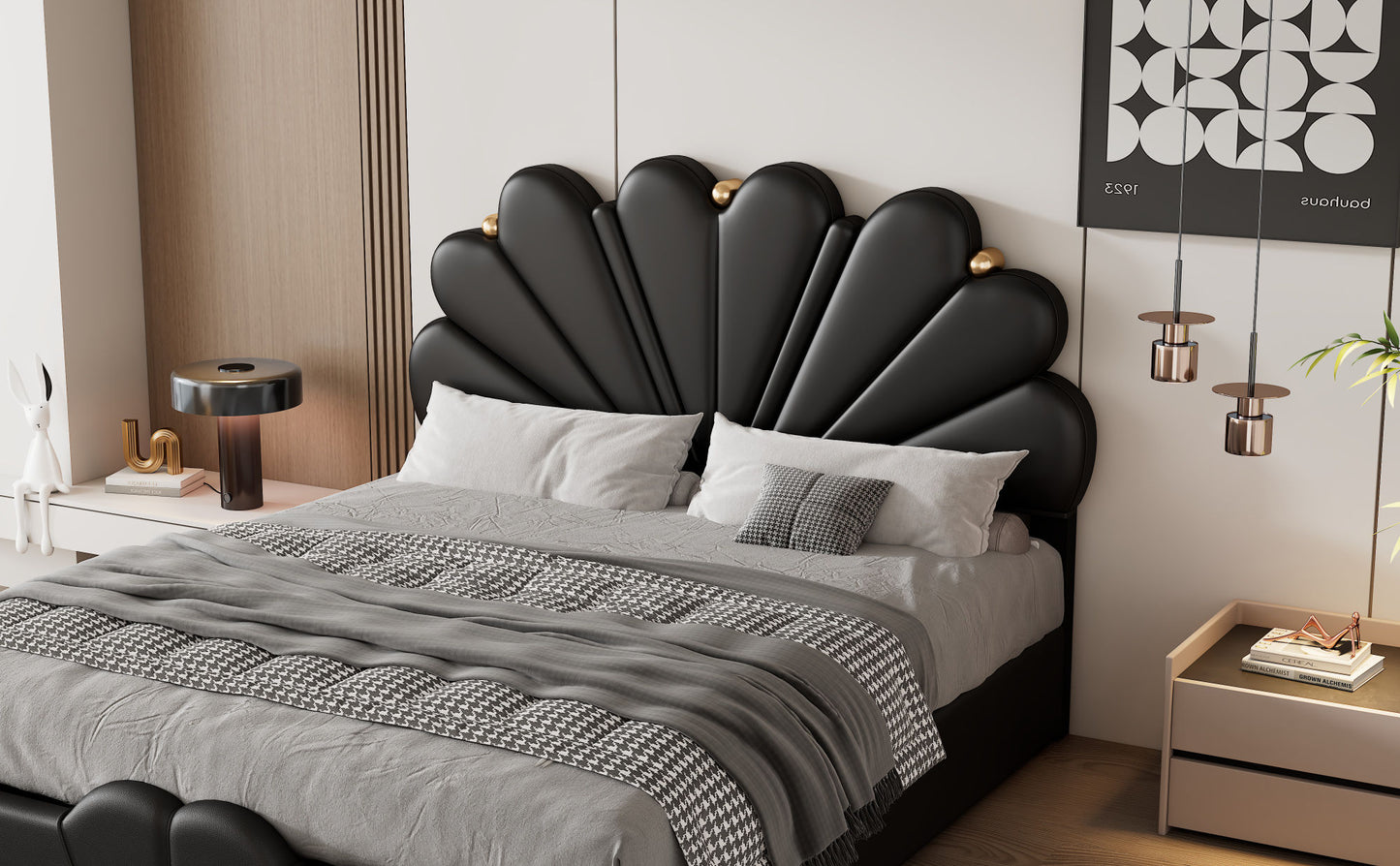 upholstered petal shaped platform bed with hydraulic storage system, pu storage bed, black