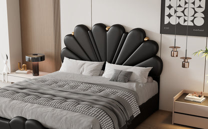 Upholstered Petal Shaped Platform Bed with Hydraulic Storage System, PU Storage Bed, Black