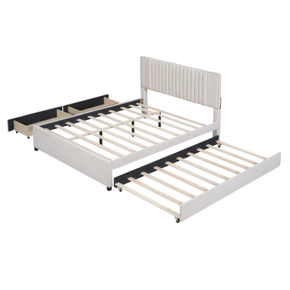 Queen Size Upholstered Platform Bed with 2 Drawers and 1 Twin XL Trundle, Beige