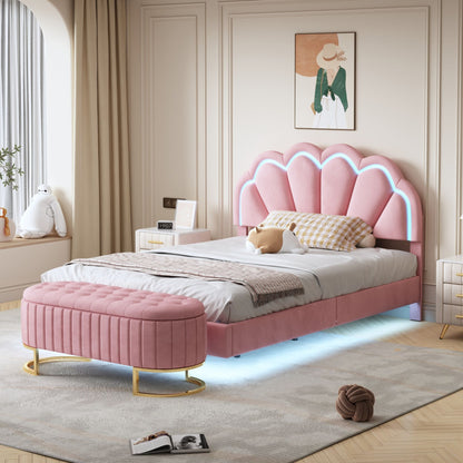Velvet Upholstered LED Platform Bed with Storage Ottoman, Pink