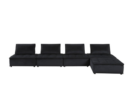 Anna  Black Velvet 5 Pc Sectional Sofa with Ottoman