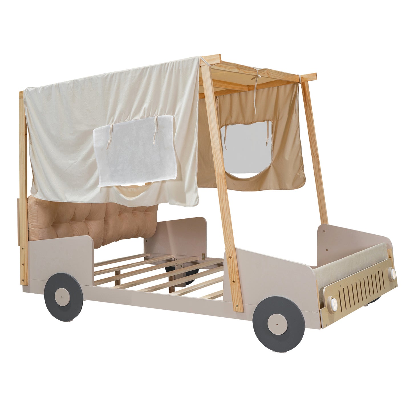wooded car bed with pillow, ceiling cloth and led lights