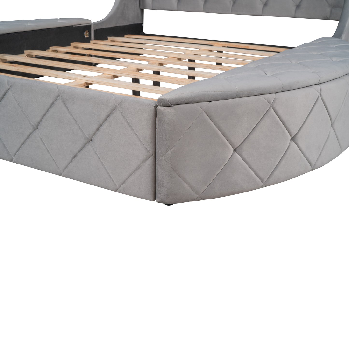 upholstered velvet platform bed with wingback headboard and 1 big drawer; 2 side storage stool