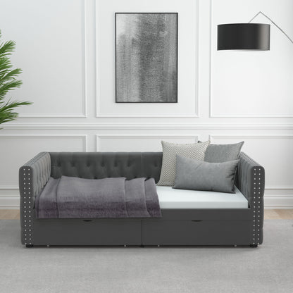 Velvet Upholstered Tufted Bed with Drawers, Grey