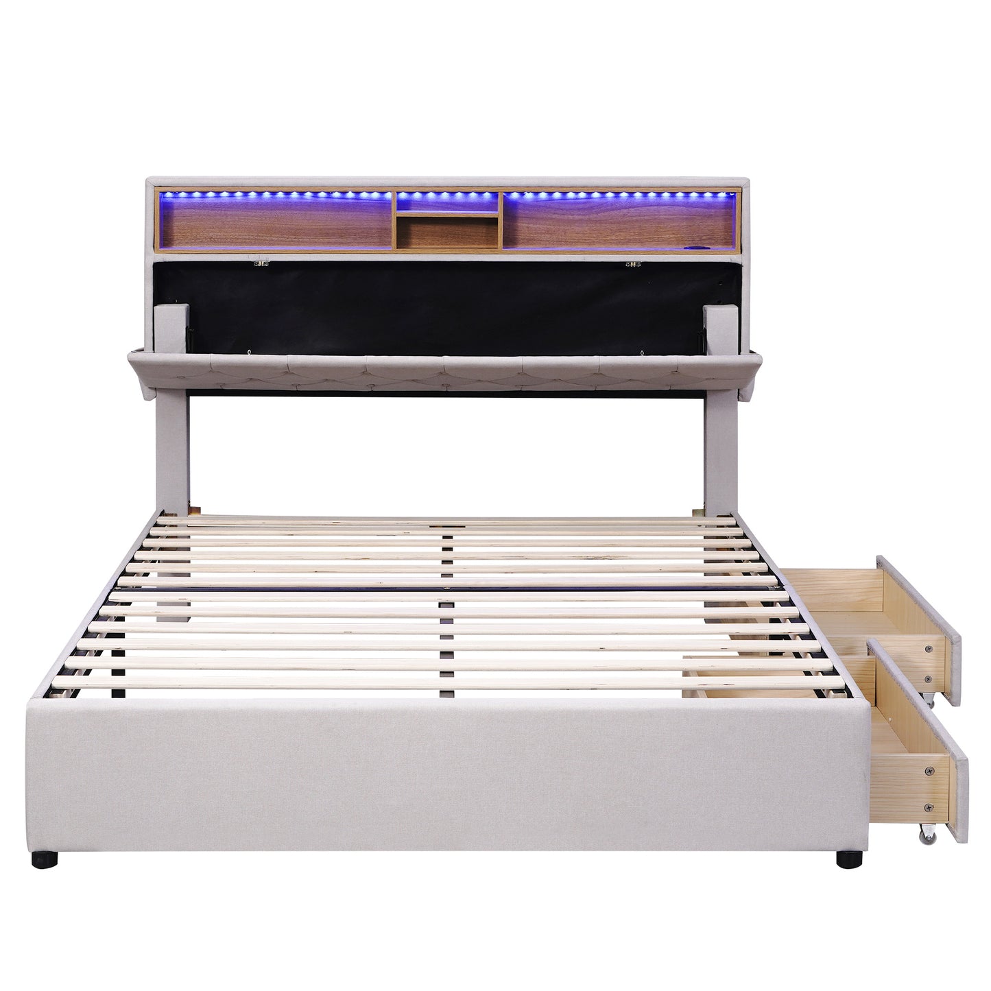 upholstered bed with storage headboard, led, usb charging and 2 drawers
